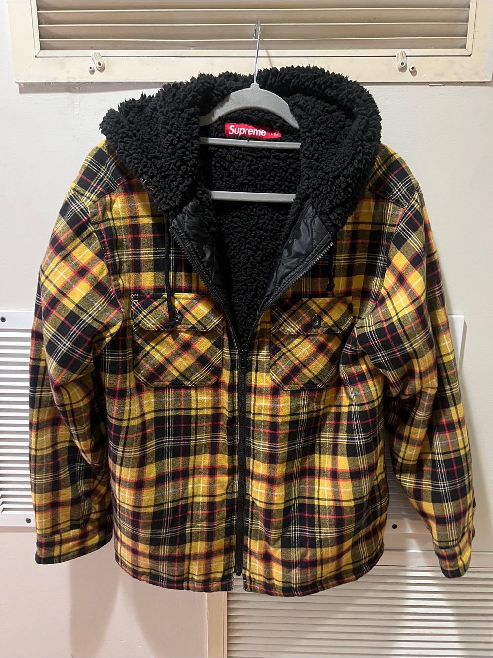 Supreme Yellow & Black Plaid Sherpa-Lined Hooded Jacket